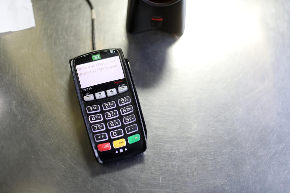 TORONTO, ONTARIO - Point of sale or debit/credit terminal. Photo files are free to use. (Rene Johnston/Toronto Star) (Rene Johnston/Toronto Star via Getty Images)